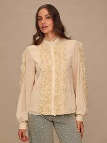 Enchnt Fall/Winter Romantic Women's Elegant Fashion Apricot Casual Romantic Lace Trim Button-Up Long Sleeve Shirt,Sweet&Elegant For Vacation&Date&Holiday&Wedding Guest&Beach&Afternoon Tea,Vestidos Elegantes De Mujer,Vestidos Elegantes Para Fiesta,Fall Shirt For Women,Autumn Clothes