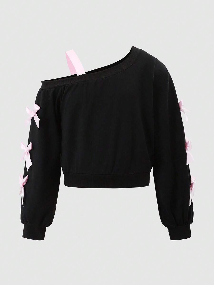Tween Girl Asymmetric Collar Long Sleeve Sweatshirt With Bow Decor, Autumn Fall Winter - Black - View 1