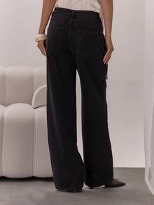 MUSERA Celana Jeans Denim Lebar Model Washed dengan Detail Kancing dan Model Pinggang Silang, Elegan dan Seksi untuk Acara Malam Hari, Liburan, Musim Gugur, Padu Padan Berlapis, Chic untuk Musim Semi dan Musim Panas. - Hitam - View 4