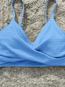 SHEIN Bộ đồ bơi hai dây dệt kim trơn màu cho bé gái tuổi mới lớn, mùa xuân/hè - Màu xanh lam - Xem 3