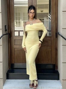 SHEIN EZwear Women's New Butter Yellow Off Shoulder Fitted Long Sleeve Dress, Fall Dresses For Going Out - Yellow - View 2