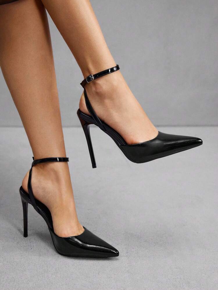 CUCCOO SZL Women's Black Pointed Toe Stiletto High Heel Sexy Evening Party Ladies High Heel Pumps With Ankle Strap For Christmas Spring Shoes