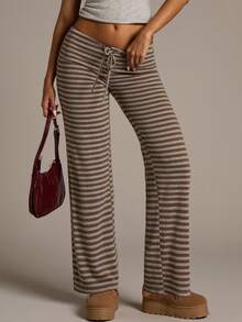 Aloruh Women's New Brown Striped Low-Waist Pants, Autumn/Winter,Fall