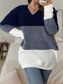 SHEIN LUNE 秋冬大码拼色V领休闲套头衫 - 藏蓝色 - 查看 4