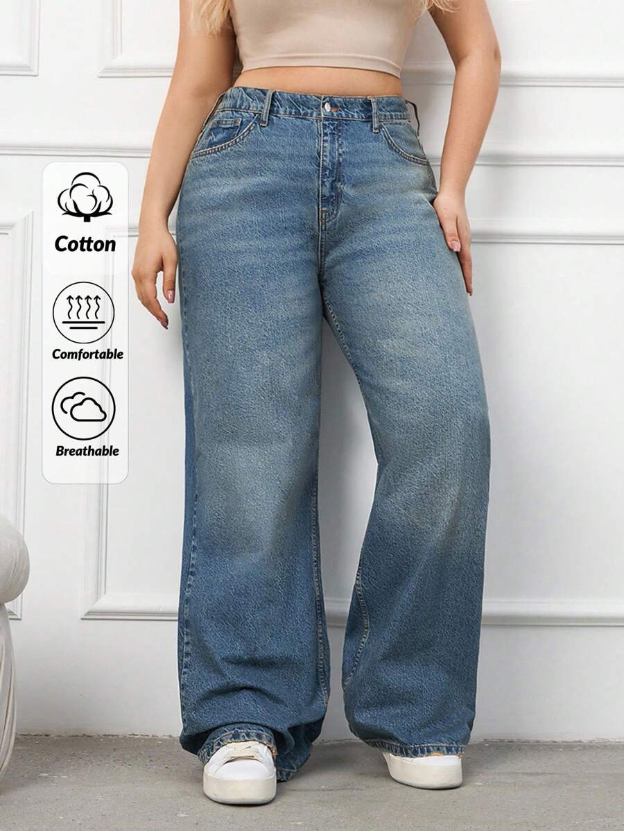 RueChic 100%纯棉加大码腰带阔腿牛仔裤