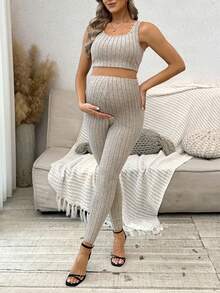 SHEIN Maternity Ribbed Crew Neck Tank Top + Long Sleeve Jacket + Pants 3-Piece Set - Apricot - View 6