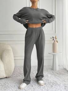 SHEIN Tall Women's Solid Color Crew Neck Long Sleeve Top And Pants 2 Pieces Set - Grey - View 5