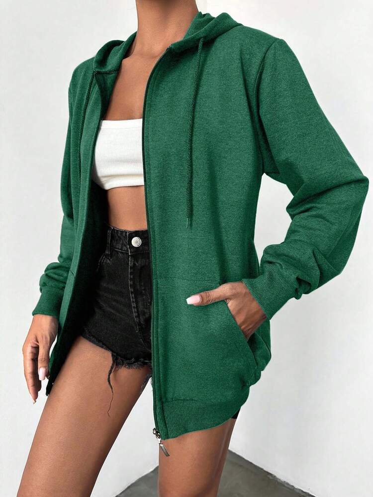 EURMUSE 100%Cotton Solid Zip Up Drawstring Hoodie - Green - View 4