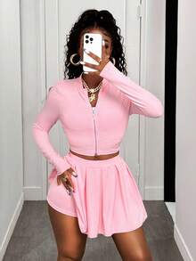 BamGleam Slayr 2pcs Women Casual V-Neck Zip-Up Short Sleeve Top And Pleated Skirt Tennis Outfit Set - A,Back To School Clothes,Pink Two Pieces,Fall Tops