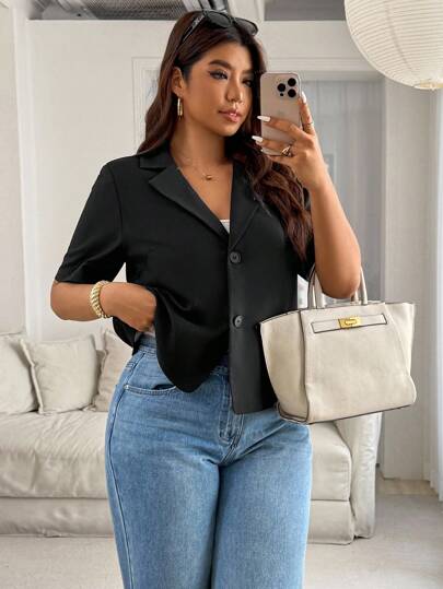 Vionelle Plus Size Women Solid Color Mottled Lapel Short Sleeve Single-Breasted Casual Blazer