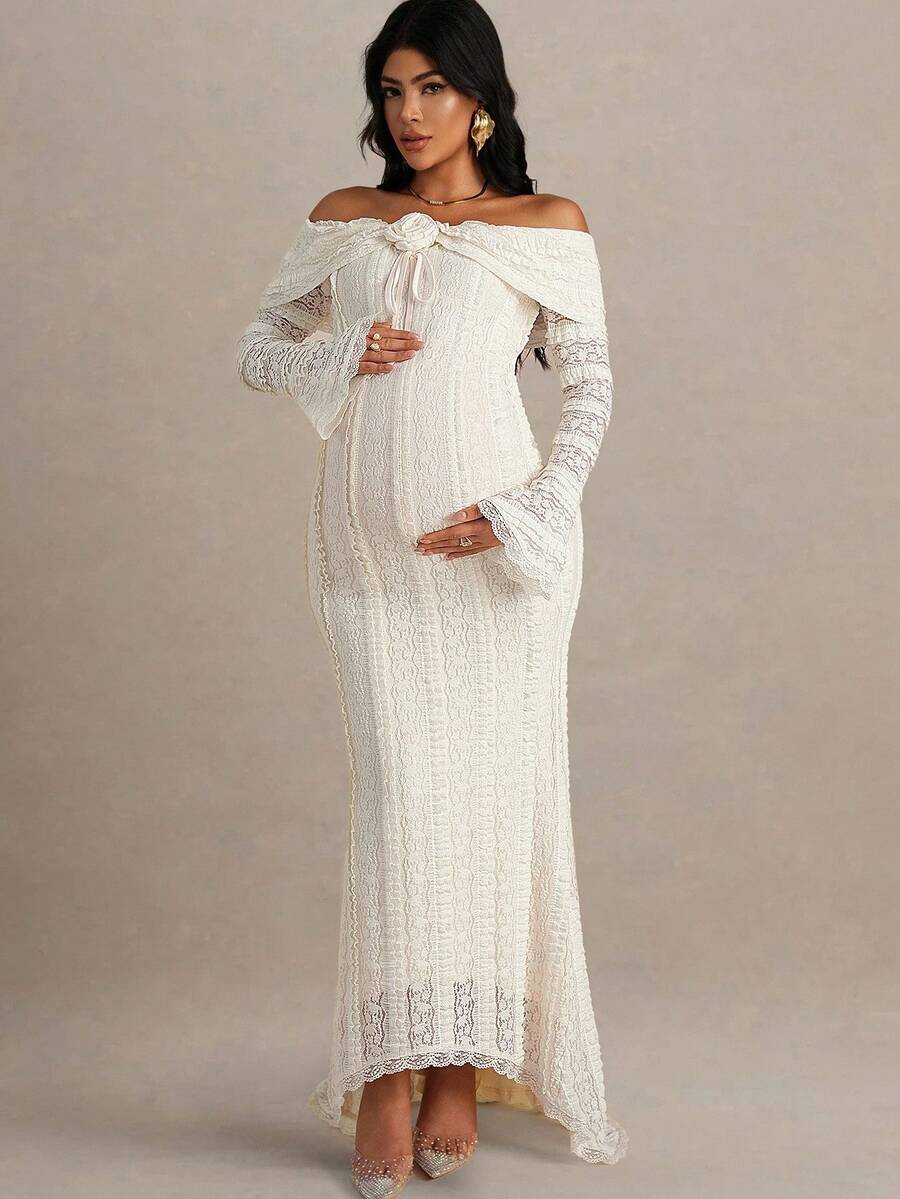 MaterniChic Autumn And Winter Maternity Off-Shoulder Long Sleeve Flare Sleeve Lace Patchwork Fitted Dress Maternity Photoshoot Dress Maternity White Lace Dress Pregnancy Dress White Maternity Gown Off Shoulder Maternity Dress - Apricot - View 1