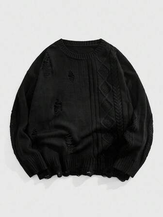 Street Life Jersey de cuello redondo con textura desgastada para hombre, estilo casual de calle, otoño e invierno