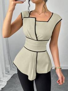 SHEIN Clasi 女式不对称下摆褶饰时尚衬衫 - 杏色 - 查看 7