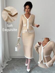 Elenzga Damen Herbst/Winter Neue Bequeme Strick Khaki V-Ausschnitt Langarm Patchwork Hochwertige Spitze 3D Rose Eleganter Elastischer Bund Vielseitiger Einfacher Pullover & Rock Business Lässig Chic Outfit - Khaki - Übersicht 4