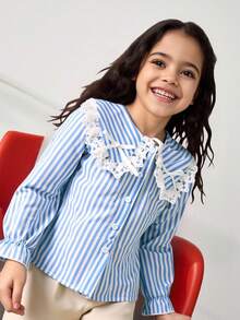 Maija Kids Maija Kids 少女条纹彼得潘领长袖衬衫，适合日常休闲和通勤穿着 - 藍色 - 查看 3