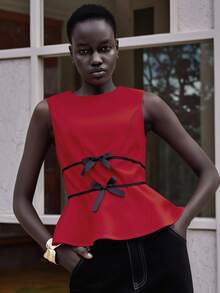 Lumivelle Women's Sleeveless Contrast Color Bow Decor Shirt, European And American Style Skirt, Summer Christmas - Red - View 1