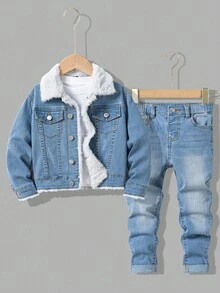 SHEIN 2pcs Young Boy Blue Denim Thermal Lined Jacket With Collar And Elastic Skinny Pants Set, Autumn/Winter Fall