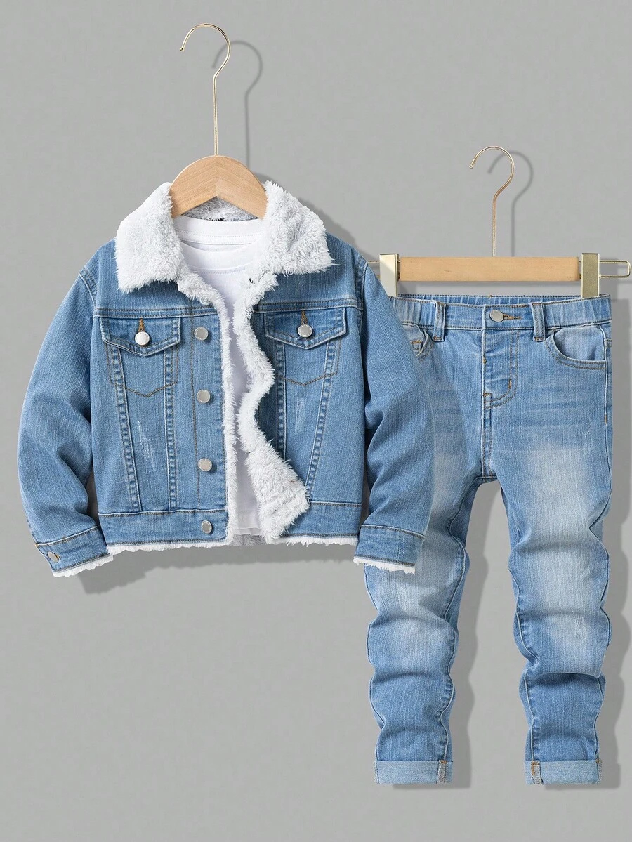 SHEIN 2pcs Young Boy Blue Denim Thermal Lined Jacket With Collar And Elastic Skinny Pants Set, Autumn/Winter Fall