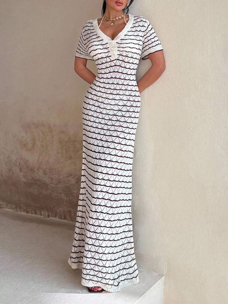 ZIRRA 女式条纹V领短袖针织连衣裙 - 白色 - 查看 3