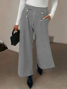 EMERY ROSE 女式休闲千鸟格纹纽扣装饰斜口袋阔腿裤，秋季 - 黑色 - 查看 5