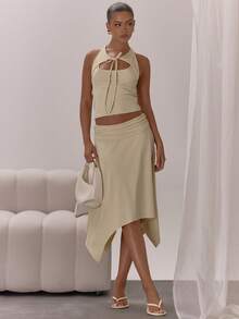 MUSERA 露背吊带露肩系带修身上衣，优雅性感，适合夜晚外出、度假、冬季派对、节日、聚会、舒适春夏等场合。 - 杏色 - 查看 3