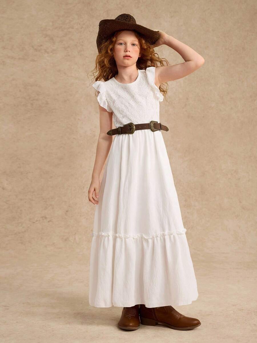 Tween Girl Elegant Lace Patchwork Long Dress,Holiday,Summer,Travel - White - View 1