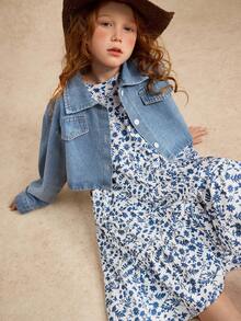 Tween Girl Denim Jacket & Floral Dress Set