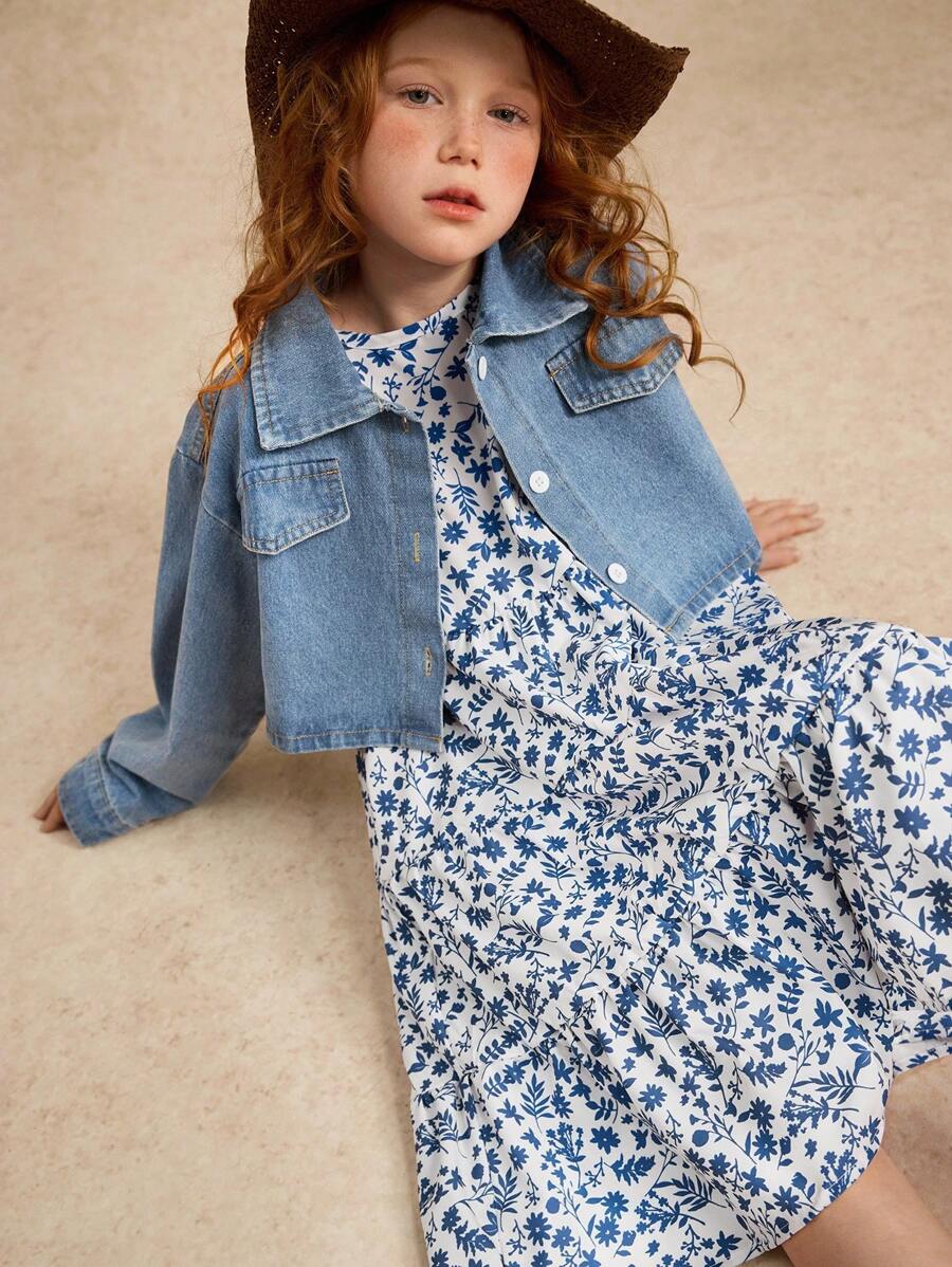 Tween Girl Denim Jacket & Floral Dress Set