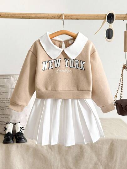 Playful Pals Conjunto informal de niña con solapa, hombros caídos, estampado de eslogan en inglés en la parte delantera, botones a presión en la espalda, cintura elástica, manga larga, para otoño/invierno