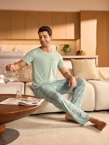 SHEIN Provexi 男士口袋圆领短袖上衣和格子裤睡衣套装 - 薄荷綠 - 查看 5