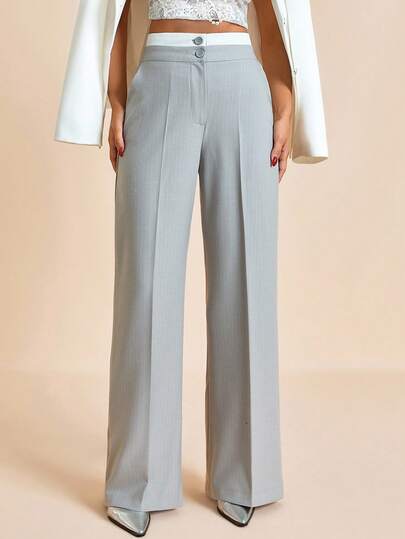 EURMUSE Gray Pinstripe High Waist Trousers: Relaxed Fit, Great For Professional Meetings Or Everyday Comfort, Made From Lightweight Gray Fabric With White Pinstripes, Contrast White Waistband And Double Button Closure Women Wide Leg Pants Women Dress Pants Formal Pants Office Pants Pinstripe Pants Tall Pants