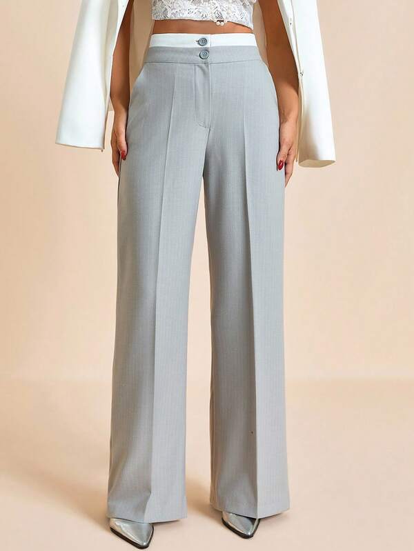 EURMUSE Gray Pinstripe High Waist Trousers: Relaxed Fit, Great For Professional Meetings Or Everyday Comfort, Made From Lightweight Gray Fabric With White Pinstripes, Contrast White Waistband And Double Button Closure Women Wide Leg Pants Women Dress Pants Formal Pants Office Pants Pinstripe Pants Tall Pants