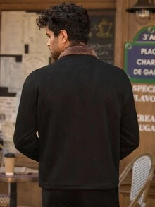 HIMLAND Áo khoác cổ lông cừu san hô vá da lộn thường ngày cho nam, phù hợp cho mùa thu/đông - màu đen - Xem 2