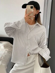 Livesso 女式宽松长袖翻领休闲条纹衬衫，春夏秋季上衣 - 白色 - 查看 5