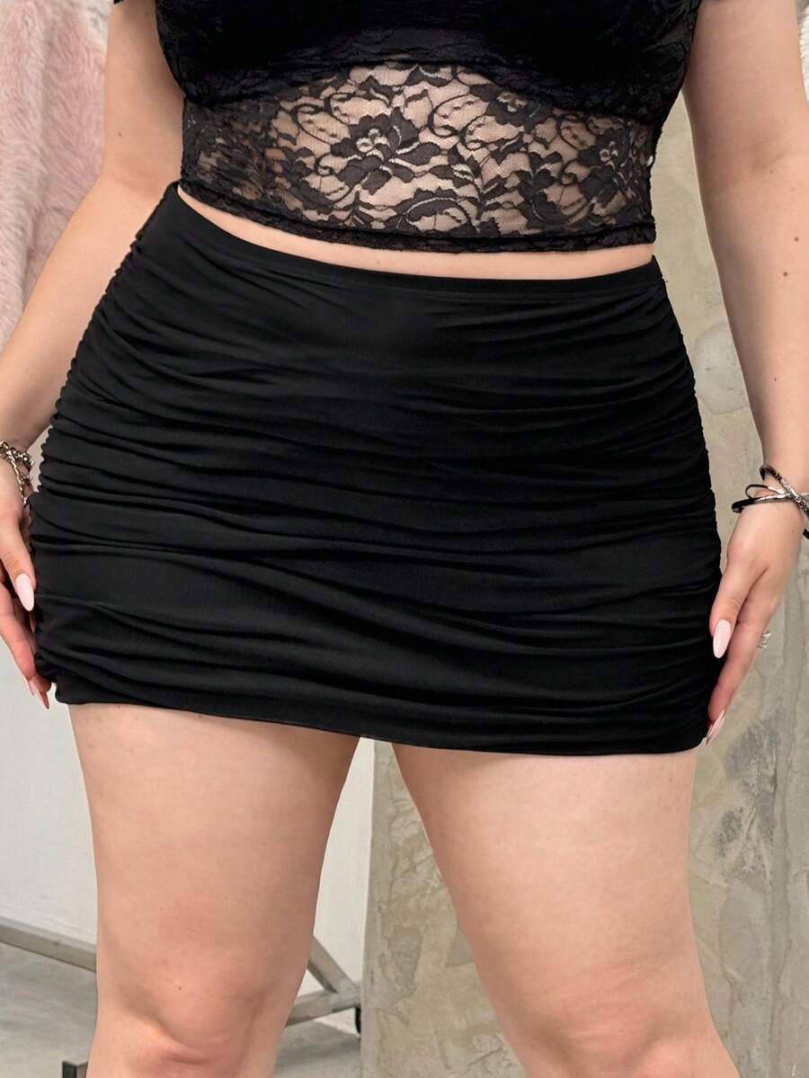 GalTyme 女式加大码黑色针织褶皱紧身半身裙 - 黑色 - 查看 1