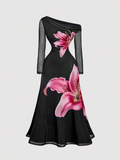 SHEIN MOD 黑色复古超大花卉印花网眼长袖修身长裙，单肩荷叶边设计，适合约会、派对、舞会、生日装、茶会等场合穿着