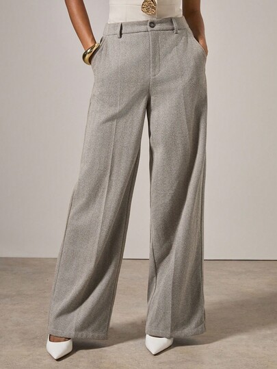 COSMINA Pantalones anchos casuales de mujer de unicolor con bolsillo y pliegue prensado