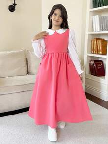 Girls' Casual Striped Long Sleeve Peter Pan Collar Blouse And Bib Pocket Maxi Skirt 2 Pieces Set, Comfortable For Daily Wear Pink Dress For Girls Girls Pink Long Sleeve Dress Pink Peter Pan Collar Dress Girls Modest Dress Girls Dress With Pockets - Pink - View 4