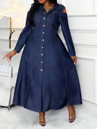 SHEIN Lady New Plus Size Denim Dress Off The Shoulder Long Sleeves Ultra-Long Shirt Dress Dark Blue Dress Fall Dresses For Women Halloween Costumes For Women Christmas Dress Party Dresses Dress For Civil Wedding Elegant Dress For Women Denim Dress For Curve Woman Long Sleeve Denim Dress Women Denim Dresses Fren Ch Style Dress Curve Denim Dress Button Up Denim Dress Denim Maxi Dress