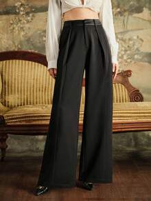 Anewsta Pantalon de costume ample et droit en satin pour femme, coupe patchwork, à la mode et polyvalente, avec poches et ceinture, collection automne/hiver