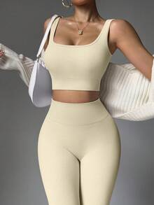 SHEIN Sports 2 件无缝高弹力瑜伽套装运动服健身套装罗纹背心收腹紧身裤健身女套装健身房女装 - 杏色 - 查看 4