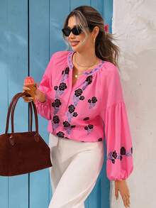 Vivid Eden Top casual à manches lanternes avec imprimé floral et encolure avec trou de serrure, automne - Rose bonbon - Voir 3