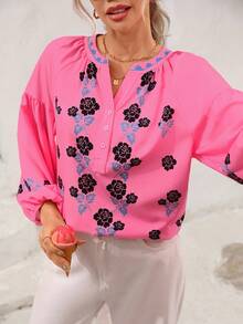 Vivid Eden Top casual à manches lanternes avec imprimé floral et encolure avec trou de serrure, automne - Rose bonbon - Voir 6