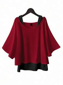 SHEIN Essnce 大码女式休闲两件套西装，背心和露肩上衣两件套西装，女式夏季两件套西装，外出上衣女式夏季服装，露肩上衣可爱上衣可爱夏季上衣 - 酒紅色 - 查看 1