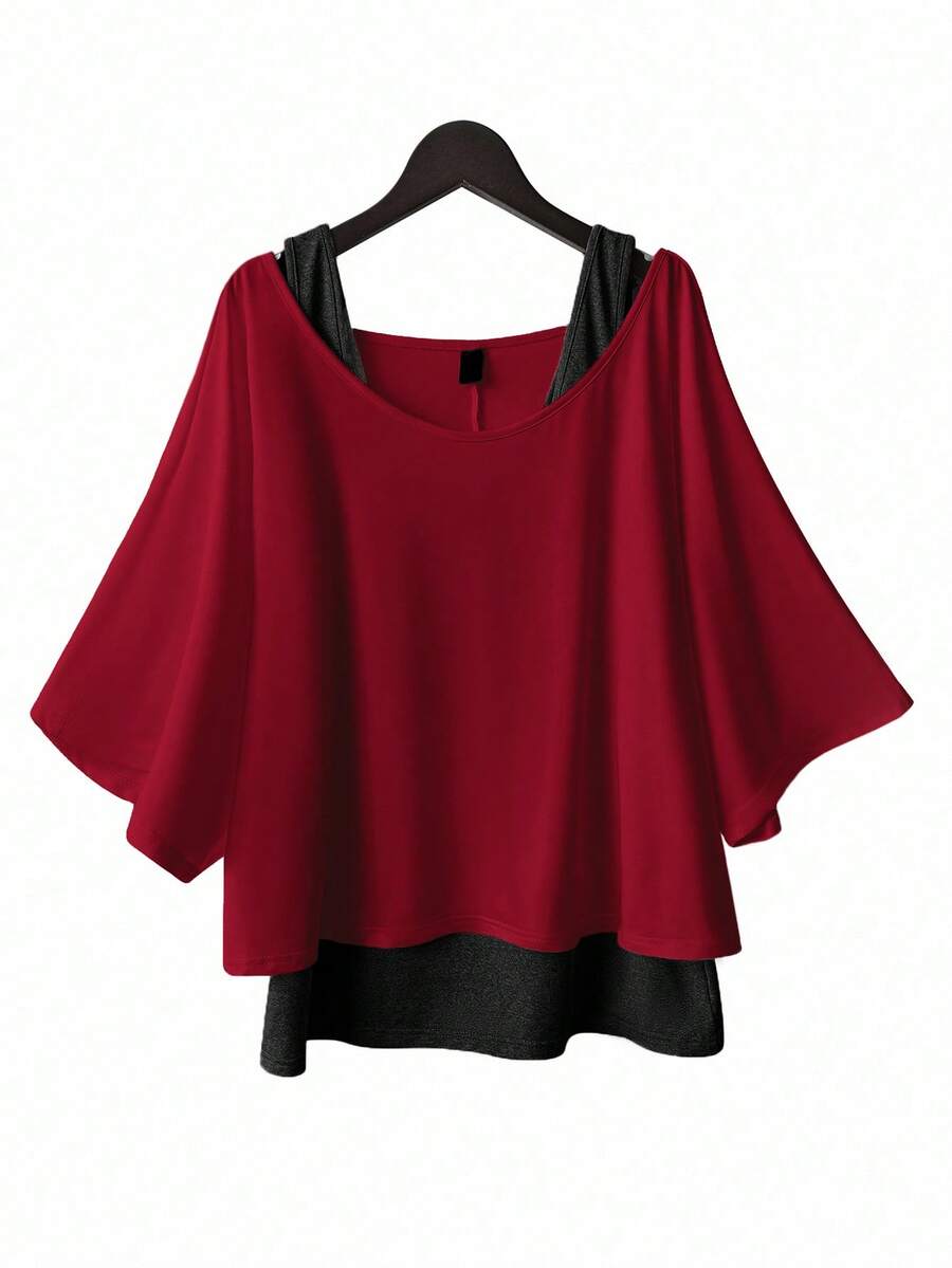 SHEIN Essnce 大码女式休闲两件套西装，背心和露肩上衣两件套西装，女式夏季两件套西装，外出上衣女式夏季服装，露肩上衣可爱上衣可爱夏季上衣 - 酒紅色 - 查看 1