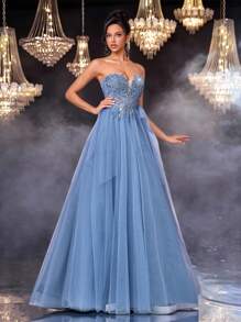 Glamrae 奢华、优雅、高贵、时尚、青春、蓝色、飘逸、网眼、露肩、罩杯设计、贴花、深V领、大喇叭裙、系带、适合单身派对、婚礼嘉宾、音乐节、度假、正式晚会、晚礼服