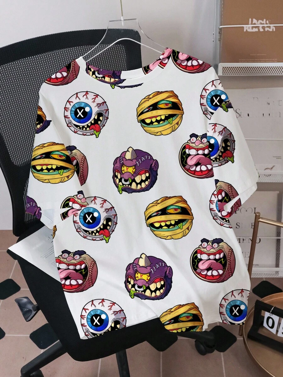 MADBALLS X SHEIN 男士卡通眼球图案圆领短袖T恤 - 白色 - 查看 1