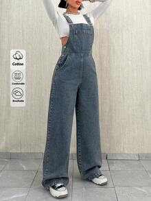 EURMUSE Casual Versatile Button Pocket Wide Leg Bib Overall For Women Jean Jumpsuit Jean Overalls Denim Jumpsuit - Medium Wash - View 1