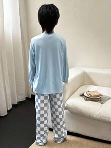 SHEIN 2pcs Tween Boy Casual Crew Neck Cute Bear Graphic Long Sleeve T-Shirt & Plaid Pants Pajama Set Fall Winter - Blue - View 2