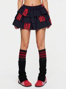 ROMWE Street Life 机车风多层褶皱裙，带有红色条纹装饰 - 黑色 - 查看 5